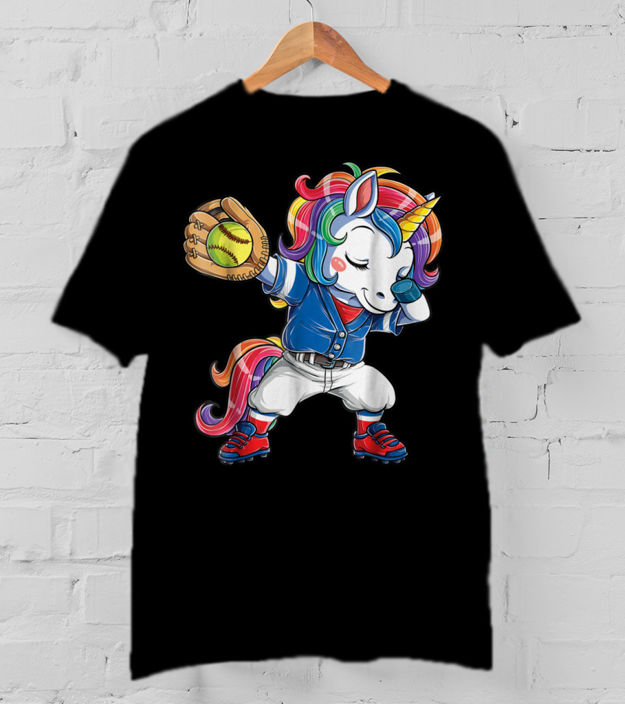 Dabbing Rainbow Unicorn In Softball Uniform Girls Dab T-Shirt