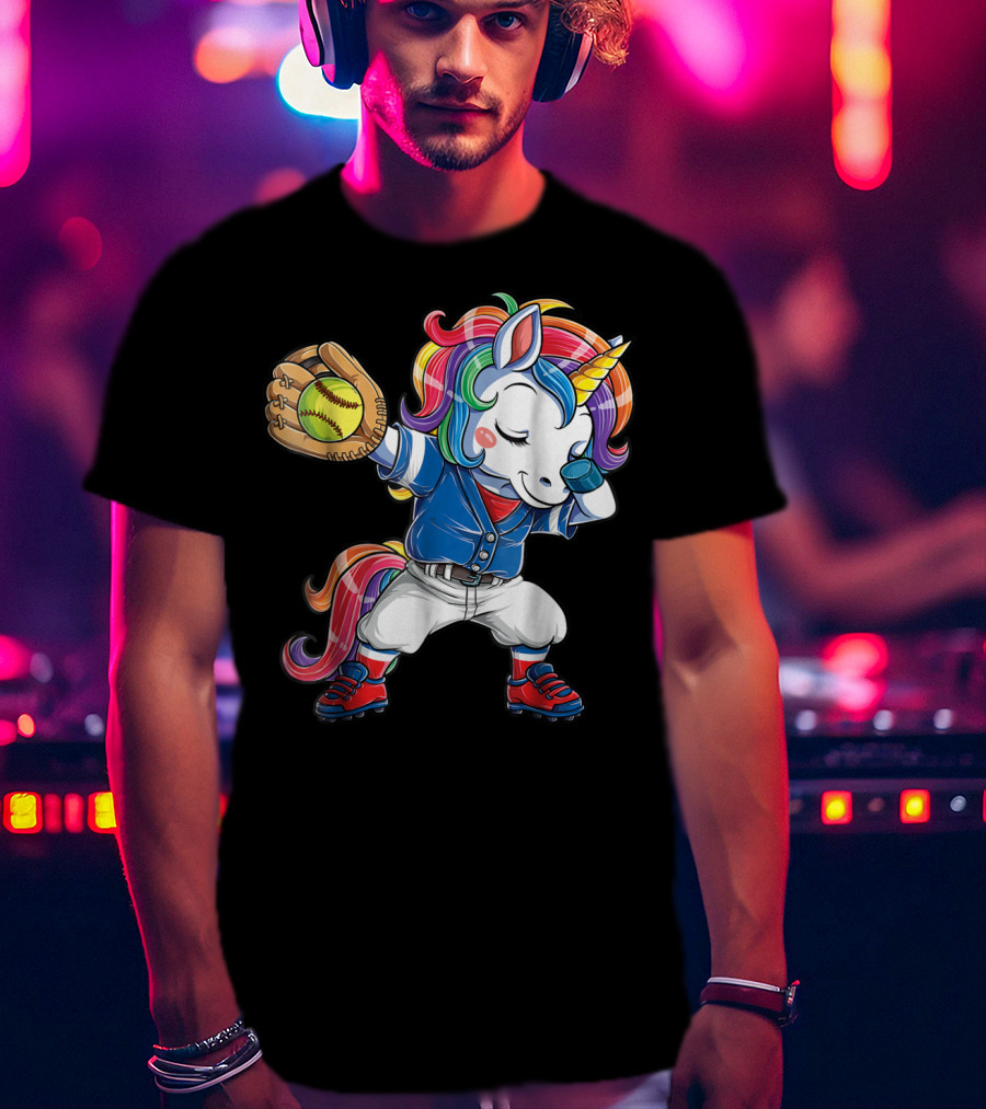 Dabbing Rainbow Unicorn In Softball Uniform Girls Dab T-Shirt