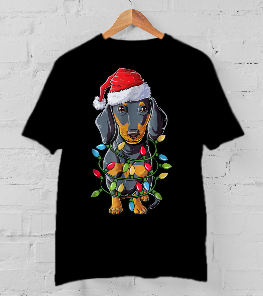 Dachshund Dog In Santa Hat With Christmas Tree Lights T-Shirt