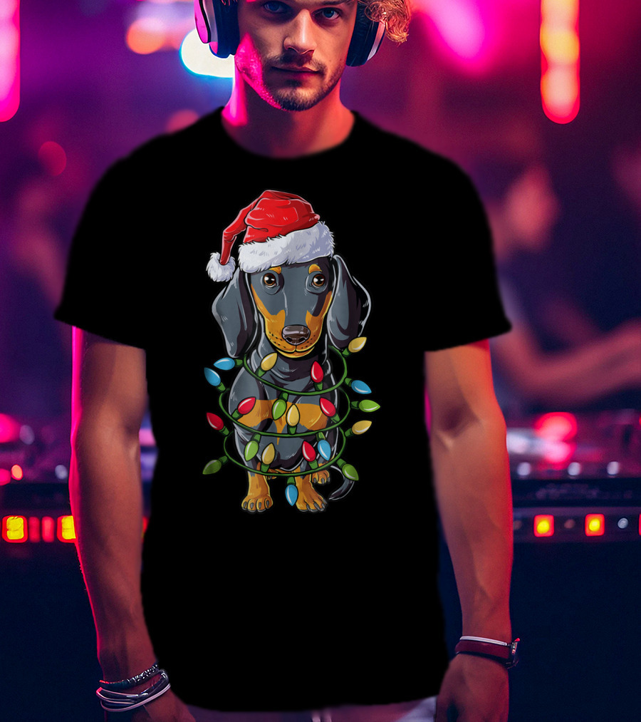Dachshund Dog In Santa Hat With Christmas Tree Lights T-Shirt