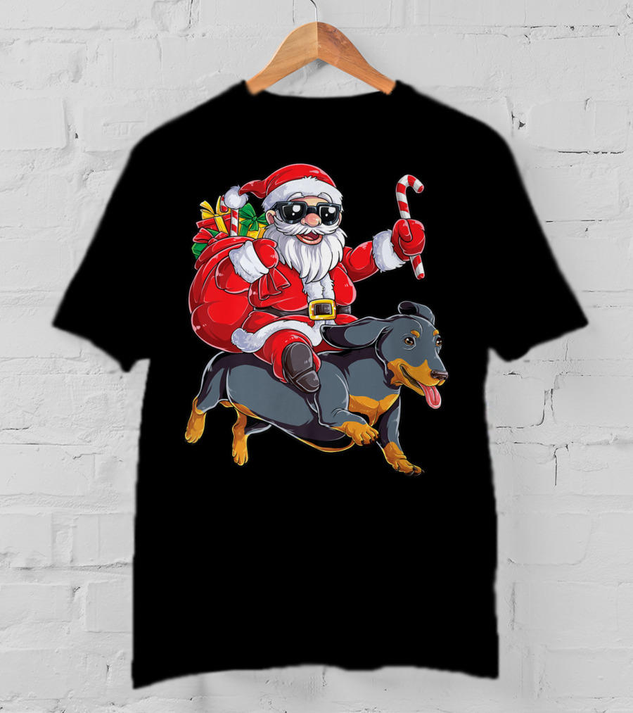 Santa Claus Riding Dachshund With Candy Cane And Presents T-Shirt