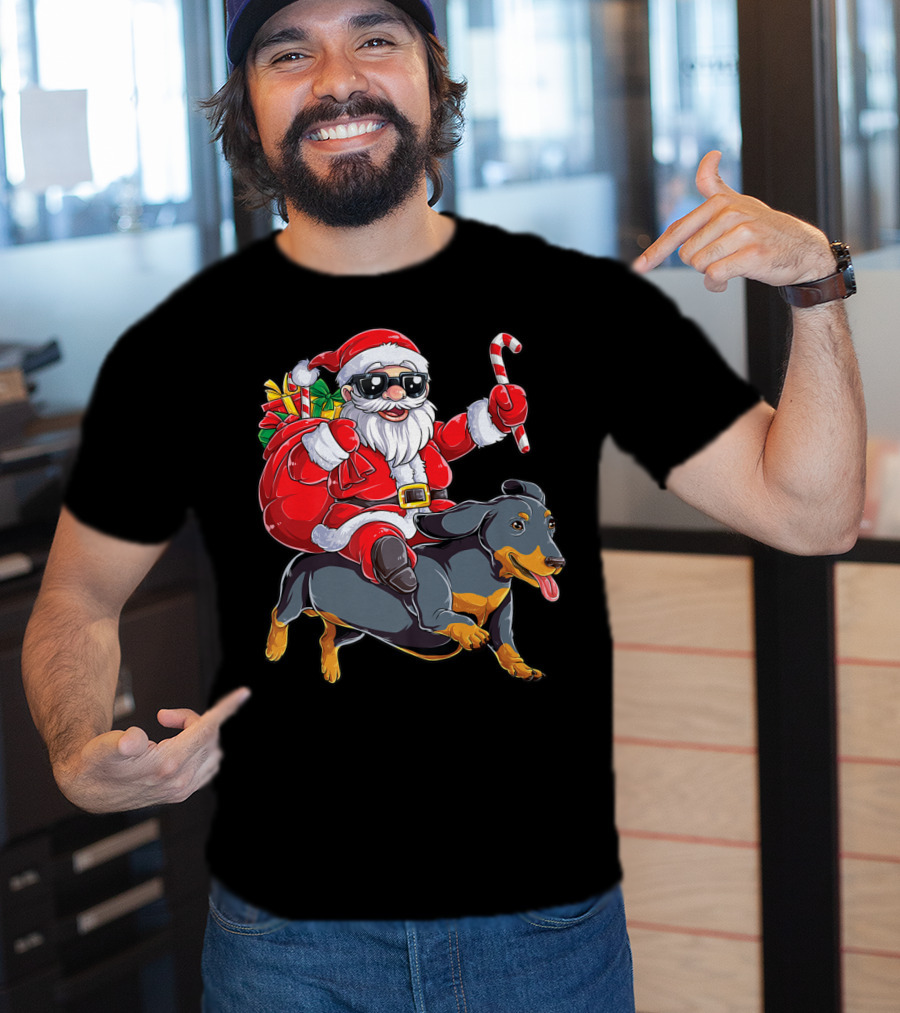 Santa Claus Riding Dachshund With Candy Cane And Presents T-Shirt