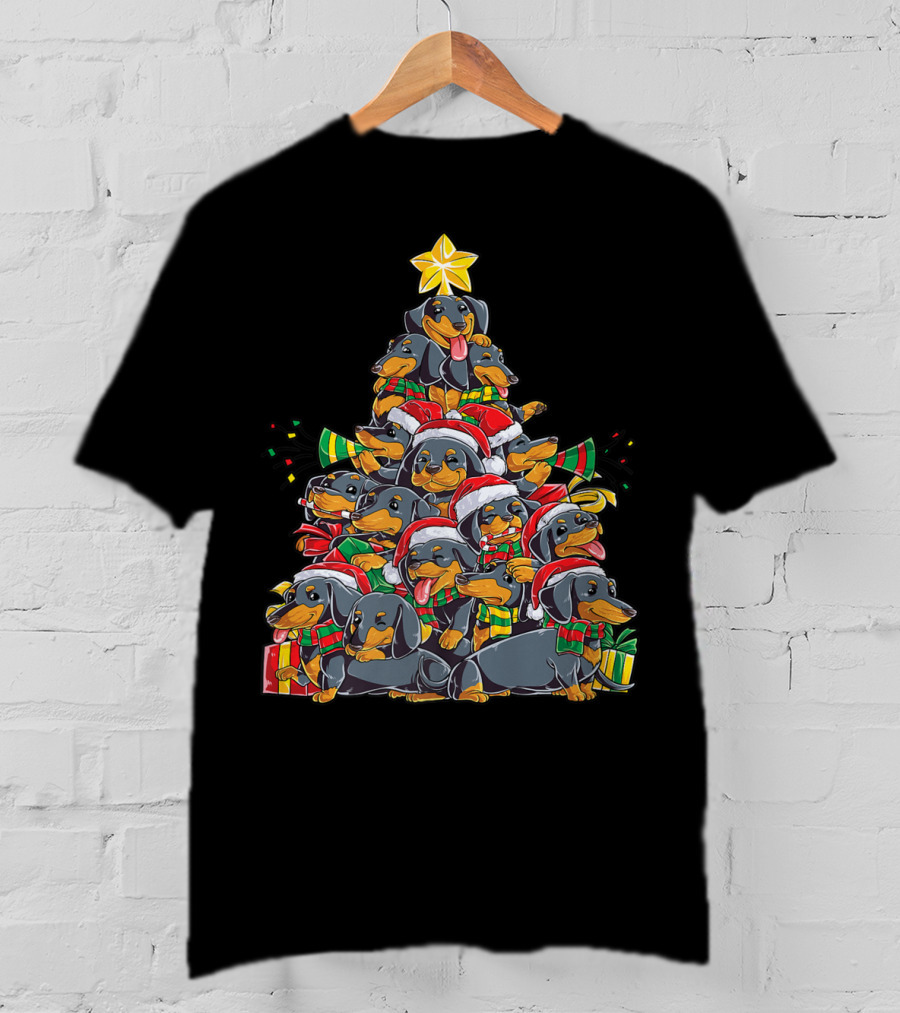 Dachshund Christmas Tree With Santa Hats And Gifts T-Shirt