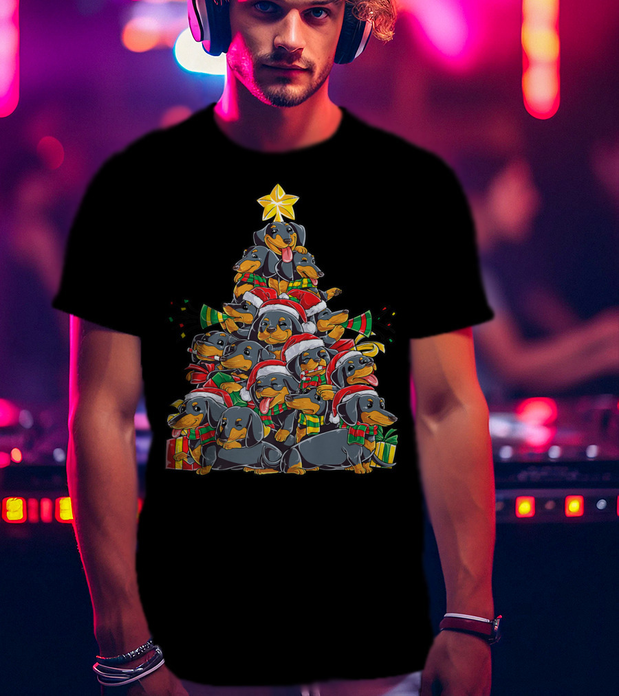 Dachshund Christmas Tree With Santa Hats And Gifts T-Shirt
