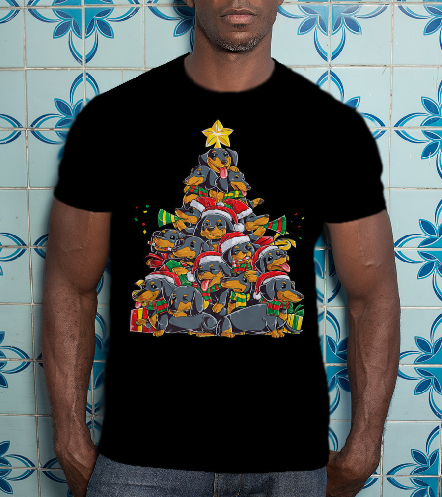 Dachshund Christmas Tree With Santa Hats And Gifts T-Shirt