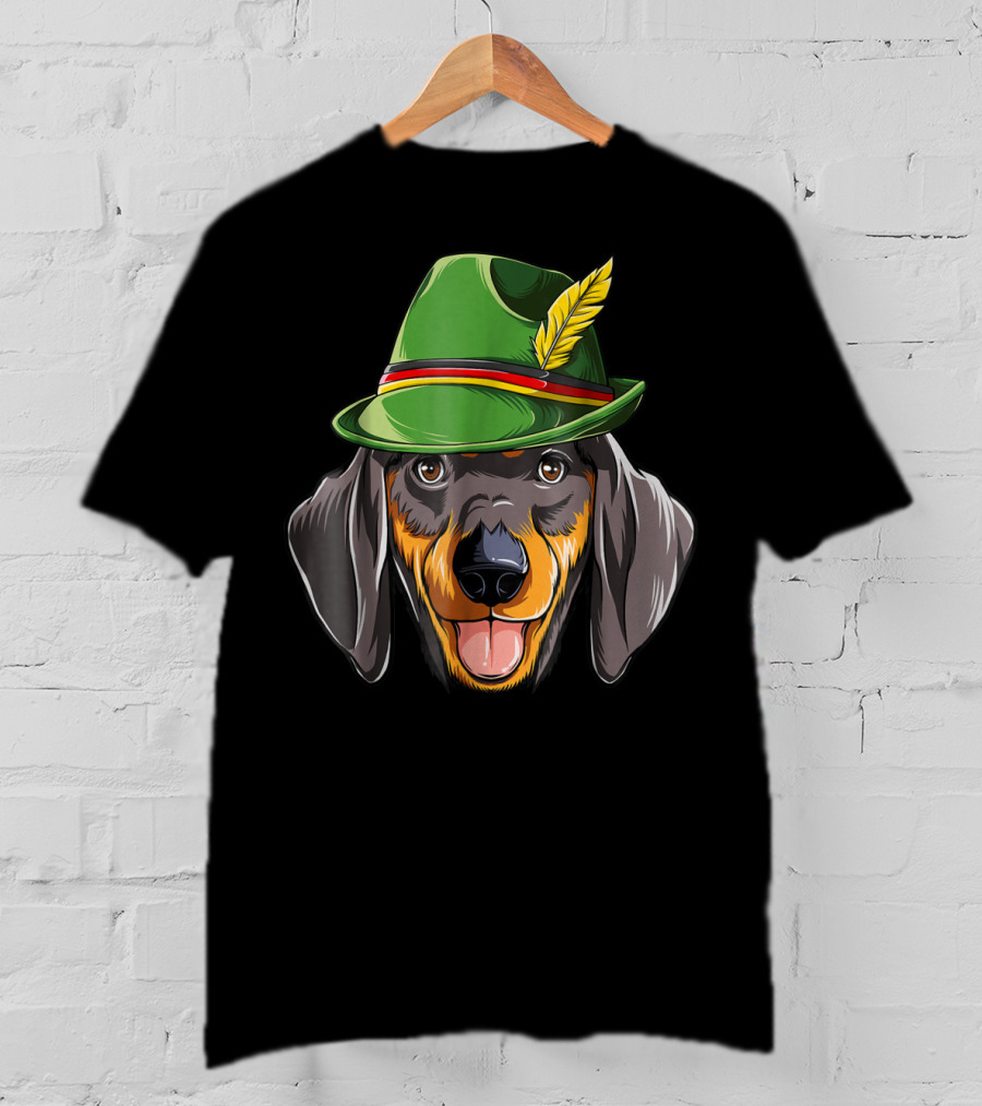 Dachshund Oktoberfest Kids Boys Lederhosen Dog In Green Hat With Feather T-Shirt