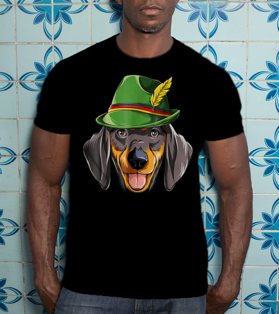 Dachshund Oktoberfest Kids Boys Lederhosen Dog In Green Hat With Feather T-Shirt