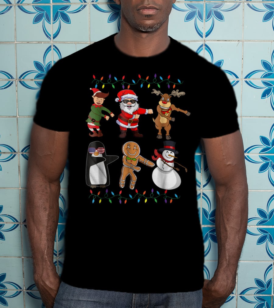Floss Like A Boss Santa Elf Reindeer Penguin Gingerbread Snowman Christmas Lights T-Shirt