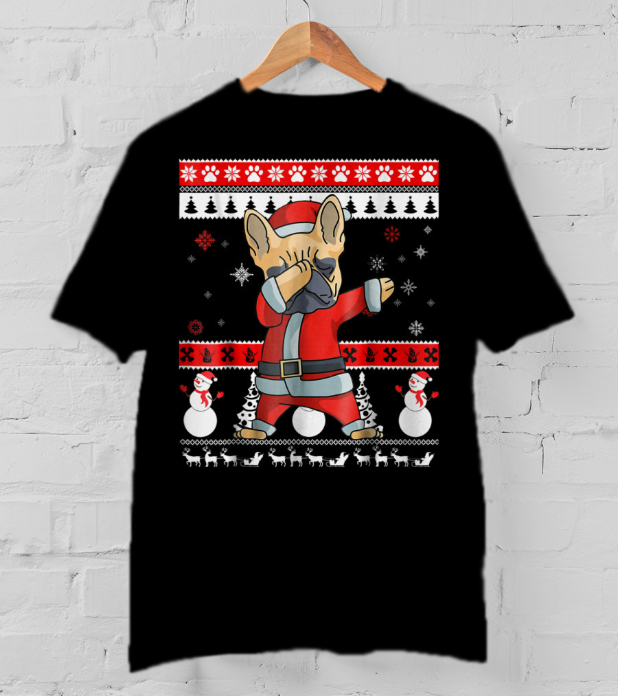 Dabbing French Bulldog Christmas Santa Ugly Sweater Snowflakes Snowmen T-Shirt