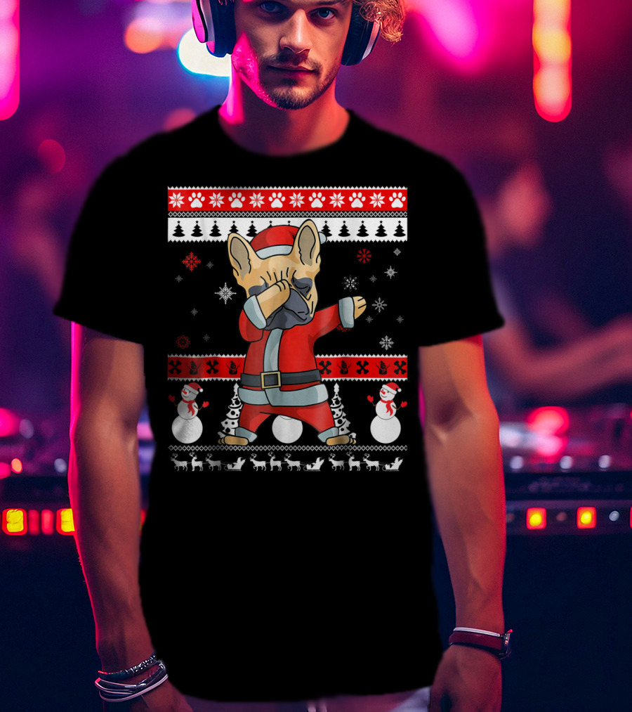Dabbing French Bulldog Christmas Santa Ugly Sweater Snowflakes Snowmen T-Shirt