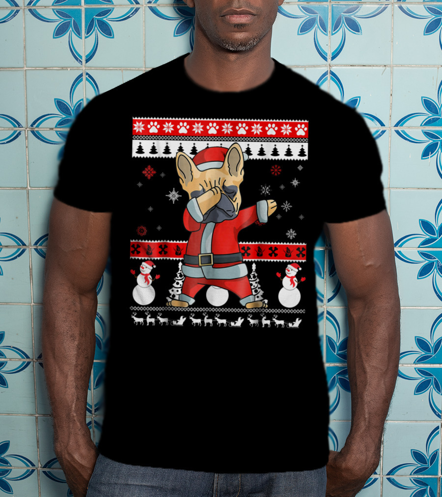 Dabbing French Bulldog Christmas Santa Ugly Sweater Snowflakes Snowmen T-Shirt
