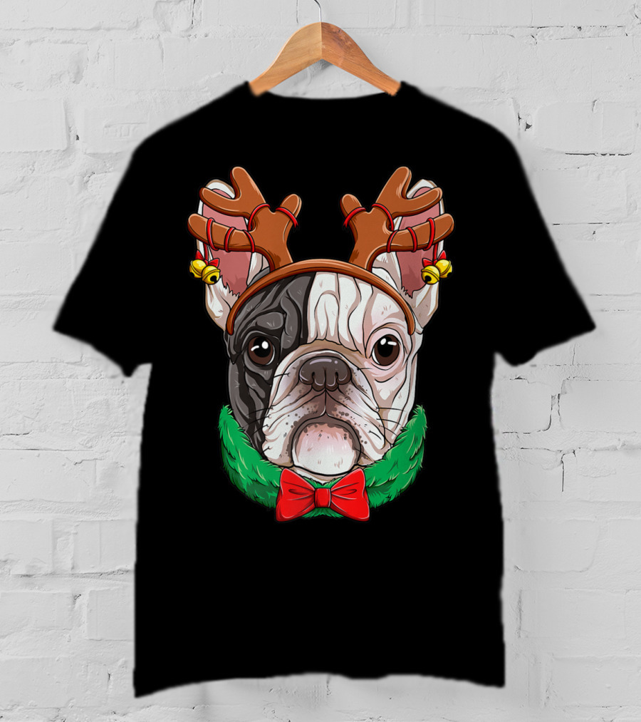 French Bulldog With Christmas Reindeer Antlers And Bow Tie T-Shirt