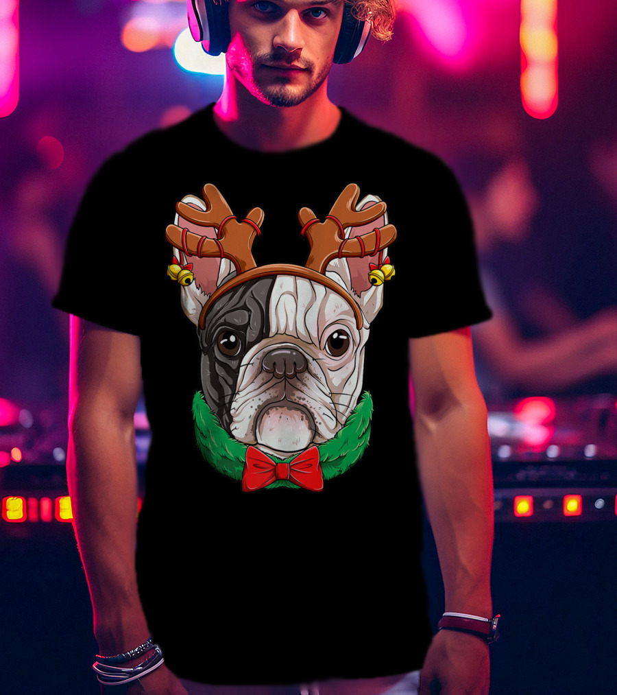 French Bulldog With Christmas Reindeer Antlers And Bow Tie T-Shirt