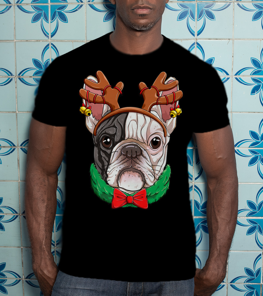 French Bulldog With Christmas Reindeer Antlers And Bow Tie T-Shirt