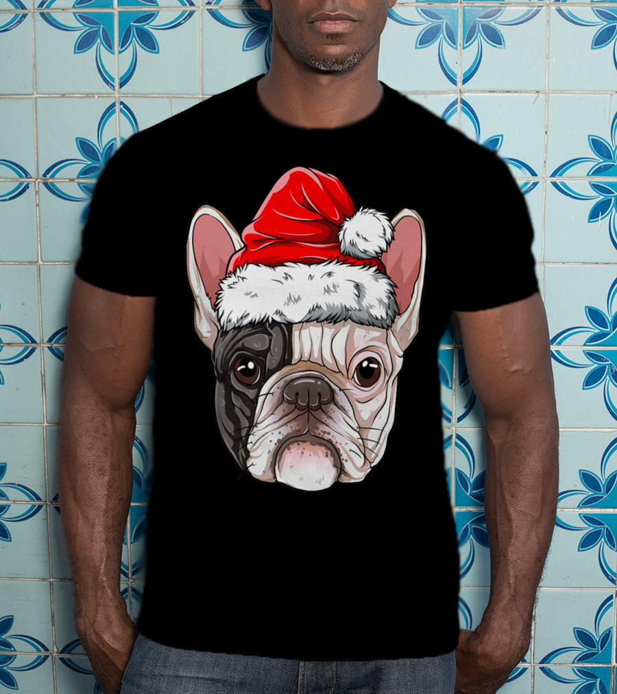 French Bulldog Wearing Santa Hat T-Shirt