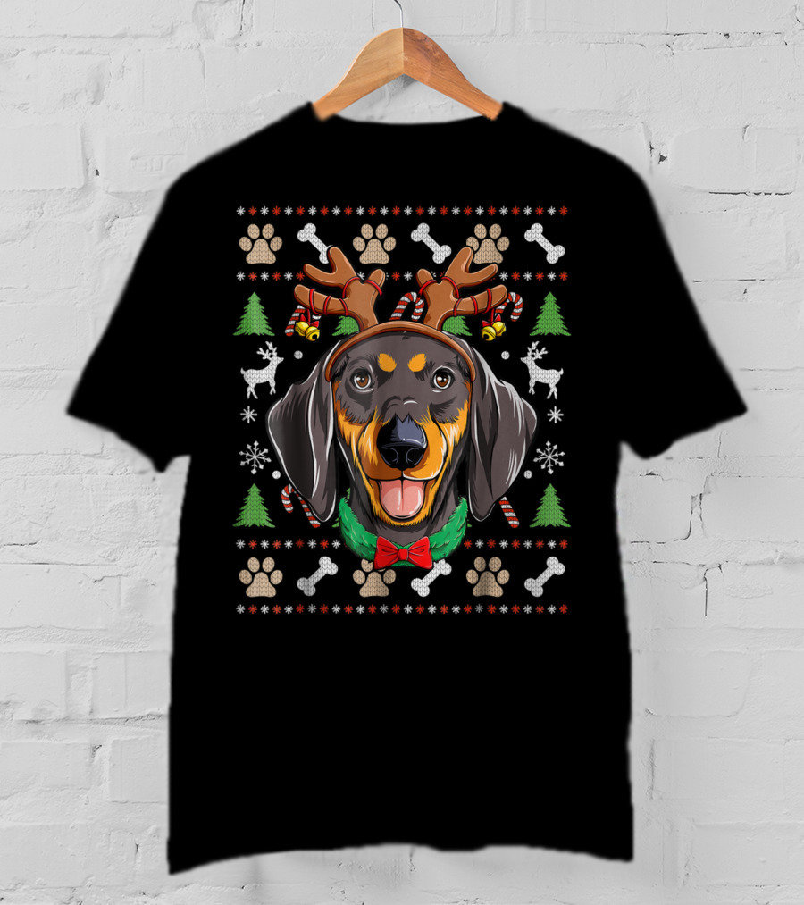 Dachshund Reindeer Antlers Christmas Ugly Sweater Snowflakes Candy Canes T-Shirt