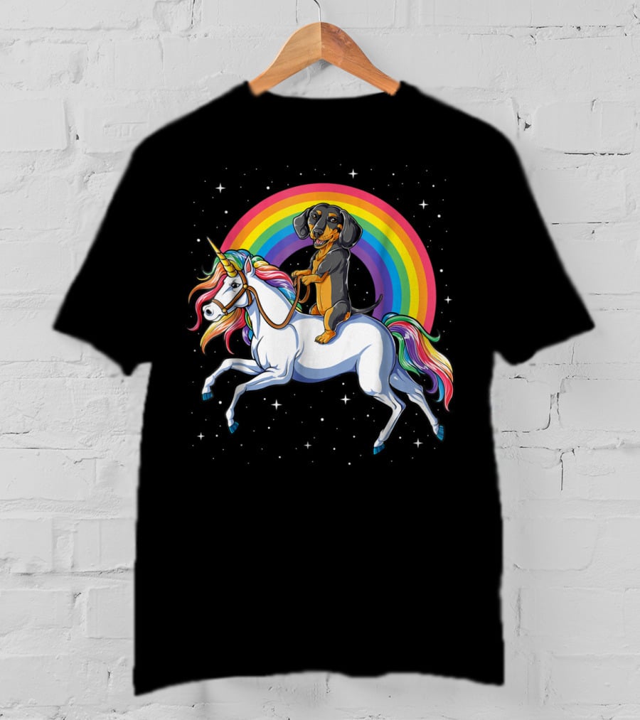 Dachshund Riding Unicorn Space Galaxy Rainbow Kids Women T-Shirt