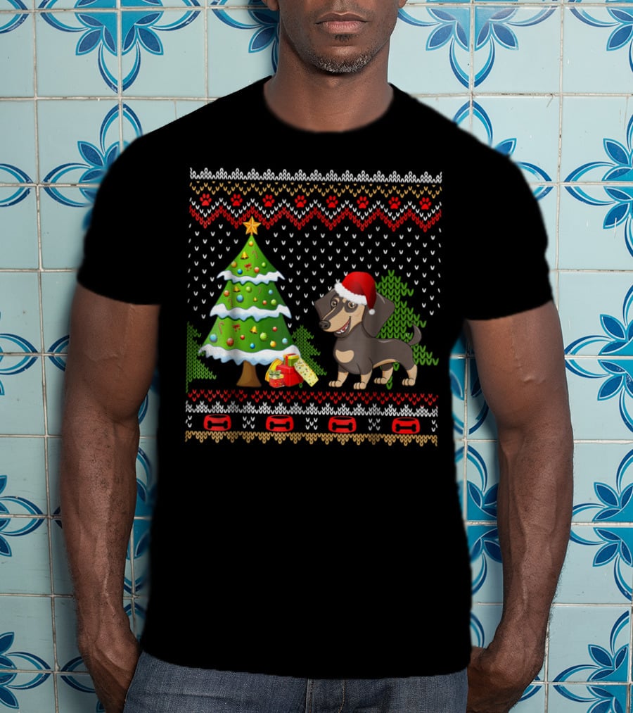 Dachshunds Santa Christmas UglyDog Festive Sweater Holiday Tree T-Shirt