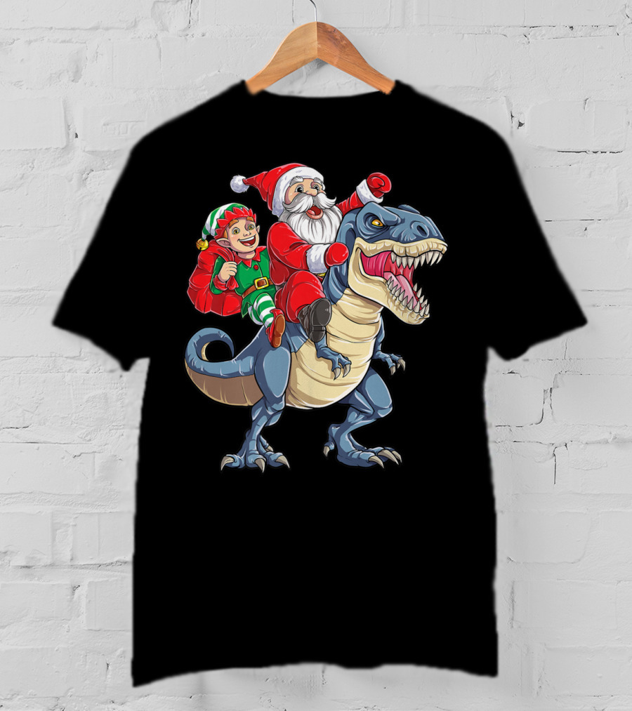 Dinosaur Christmas Boys Santa Elf Riding T-Rex Kids YP T-Shirt