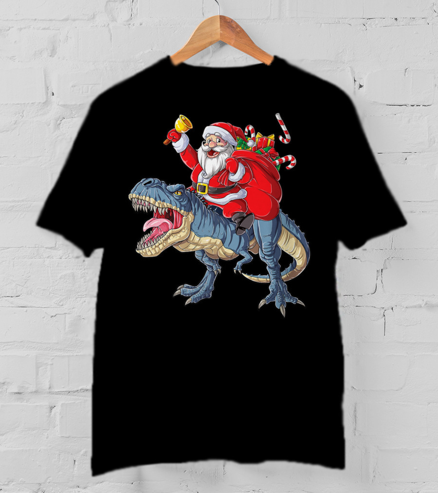 Santa Claus Riding Dinosaur With Bell And Holiday Gifts Christmas Boys Santa Rex Kids Xmas T3 T-Shirt