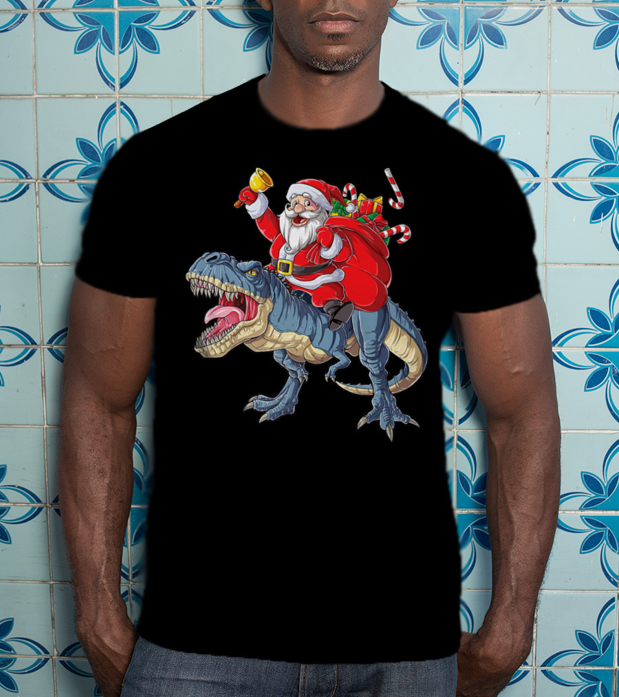 Santa Claus Riding Dinosaur With Bell And Holiday Gifts Christmas Boys Santa Rex Kids Xmas T3 T-Shirt