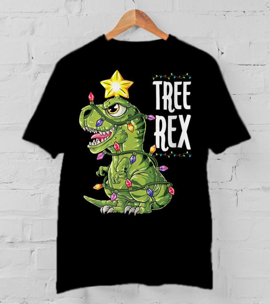 Tree Rex Dinosaur Christmas Lights And Star T-Shirt