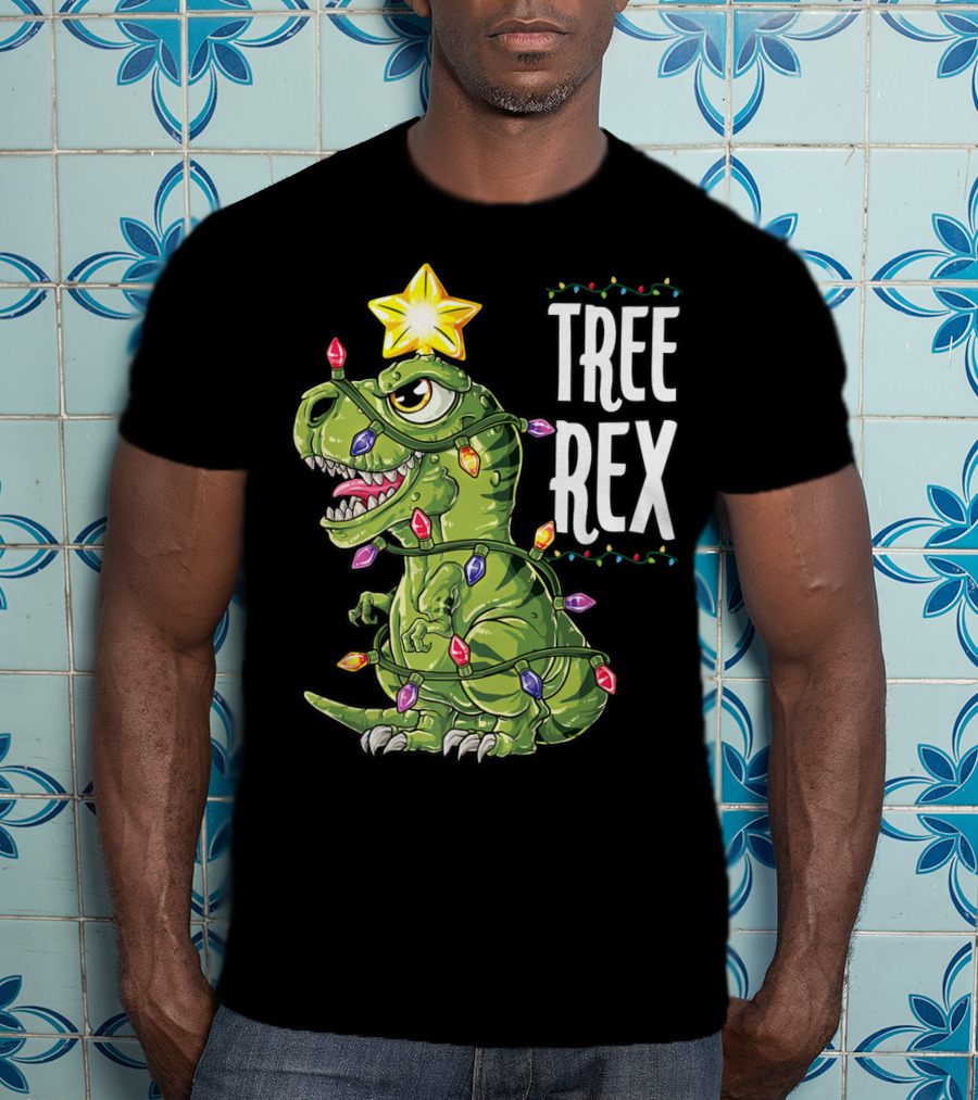 Tree Rex Dinosaur Christmas Lights And Star T-Shirt
