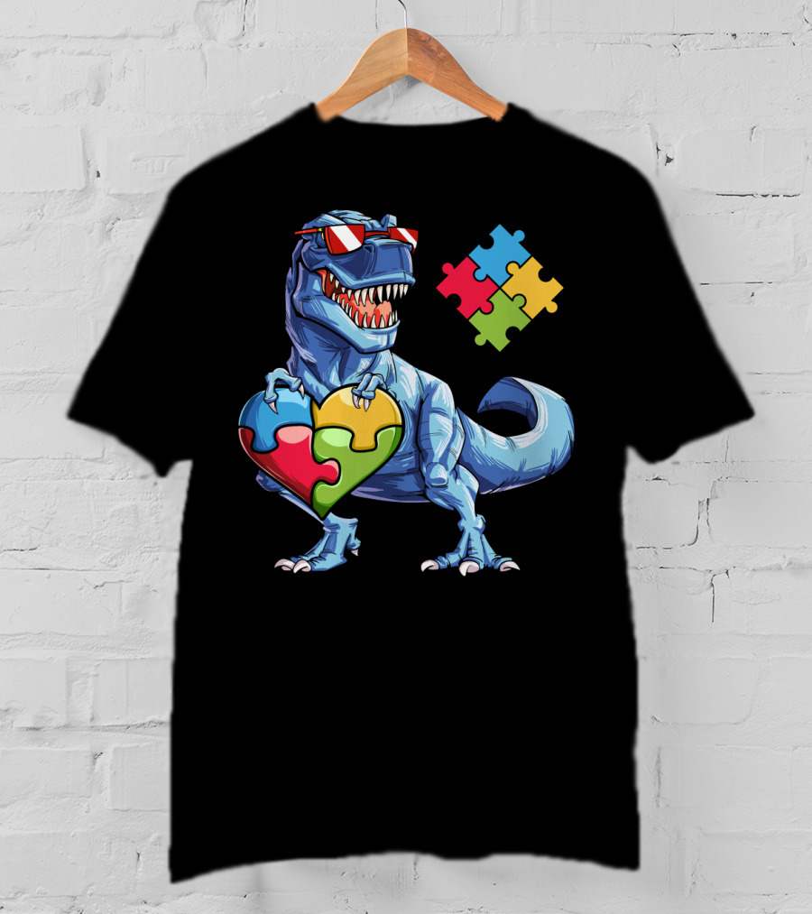 Dinosaur Holding Heart-Shaped Puzzle Pieces Autism Awareness T-Shirt