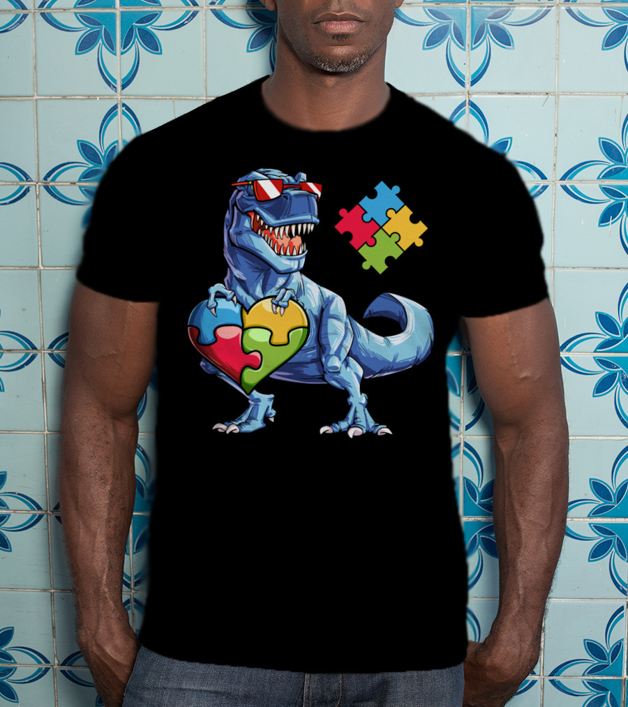 Dinosaur Holding Heart-Shaped Puzzle Pieces Autism Awareness T-Shirt