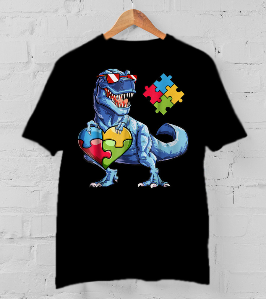 Dinosaur With Puzzle Pieces Heart Autism Awareness T-Shirt