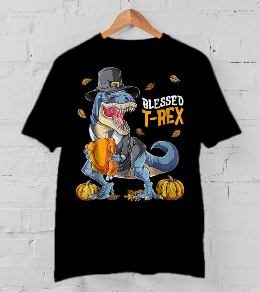 Blessed T-Rex Thanksgiving Pilgrim Dinosaur With Pumpkins T-Shirt