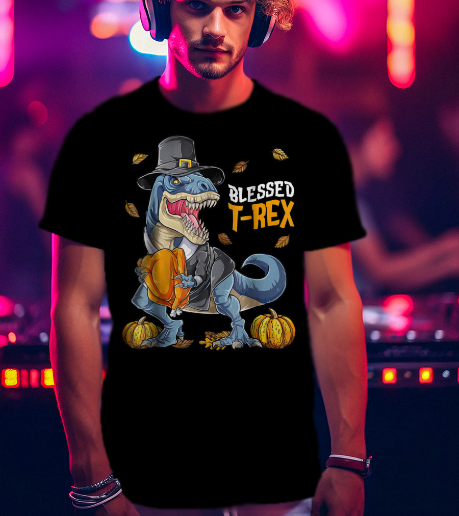Blessed T-Rex Thanksgiving Pilgrim Dinosaur With Pumpkins T-Shirt