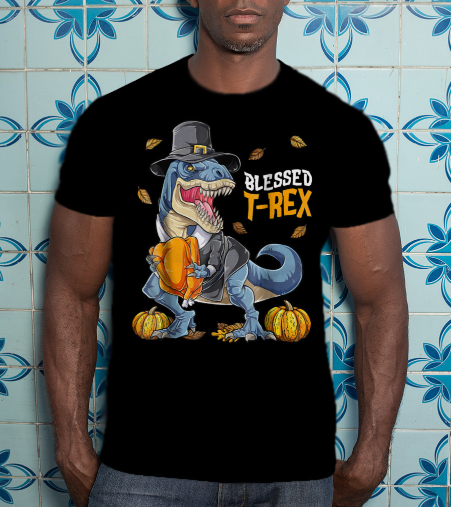 Blessed T-Rex Thanksgiving Pilgrim Dinosaur With Pumpkins T-Shirt