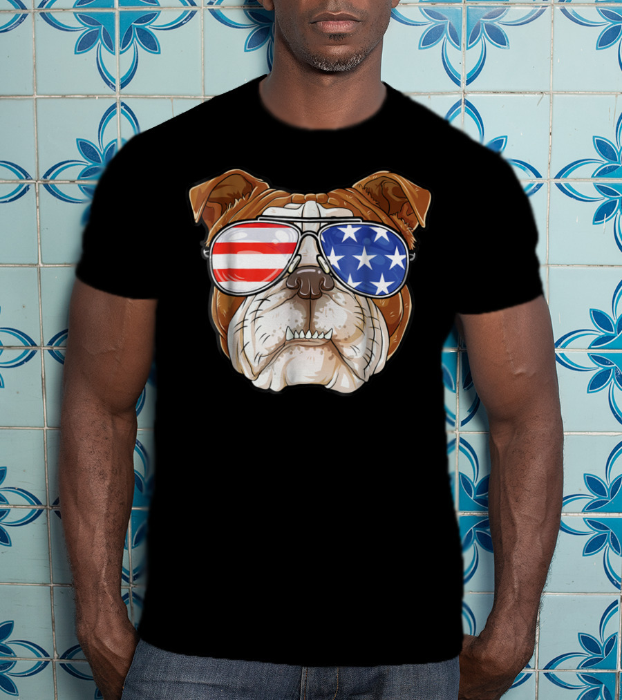 English Bulldog Wearing American Flag Sunglasses T-Shirt