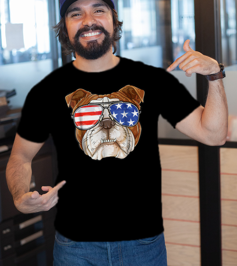 English Bulldog Wearing American Flag Sunglasses T-Shirt