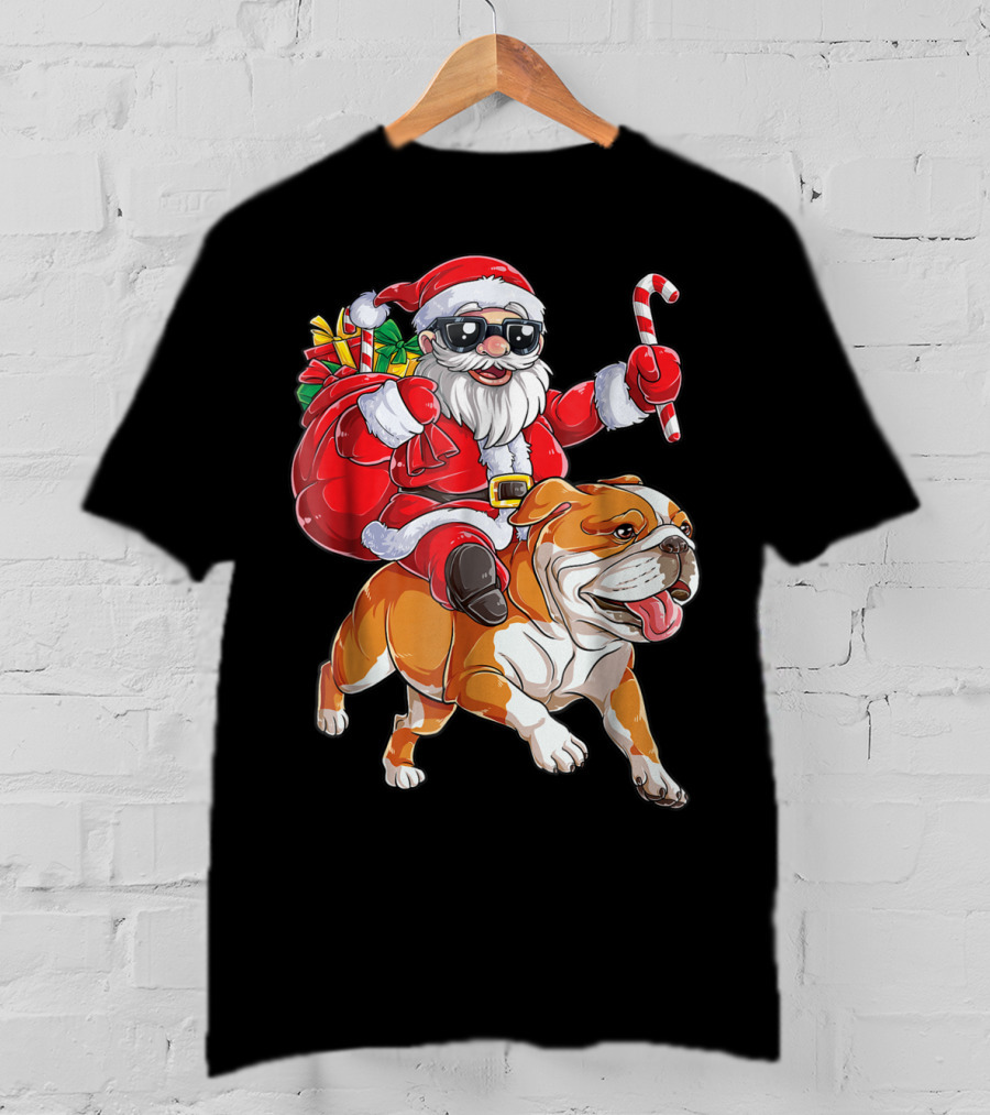 English Bulldog Santa Claus Riding With Candy Cane And Gifts Christmas Woofmas T-Shirt