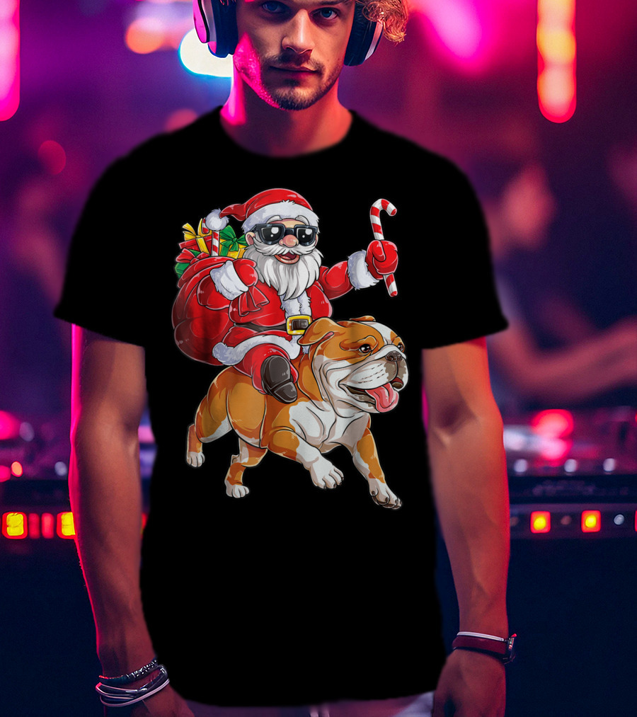 English Bulldog Santa Claus Riding With Candy Cane And Gifts Christmas Woofmas T-Shirt
