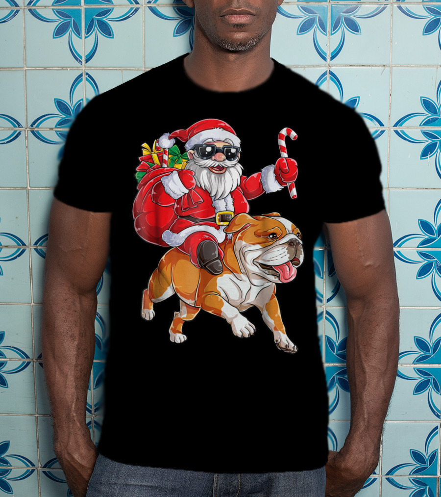 English Bulldog Santa Claus Riding With Candy Cane And Gifts Christmas Woofmas T-Shirt