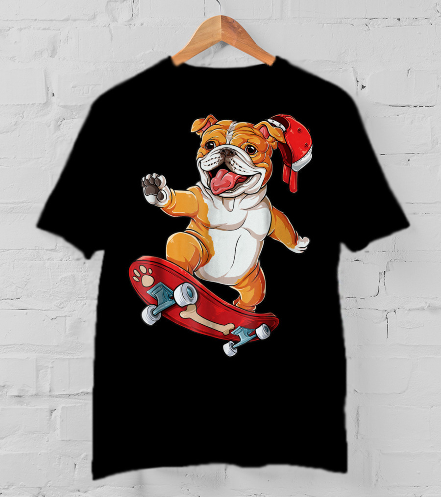 English Bulldog With Red Cap Skating On Bone Deck Skateboard T-Shirt