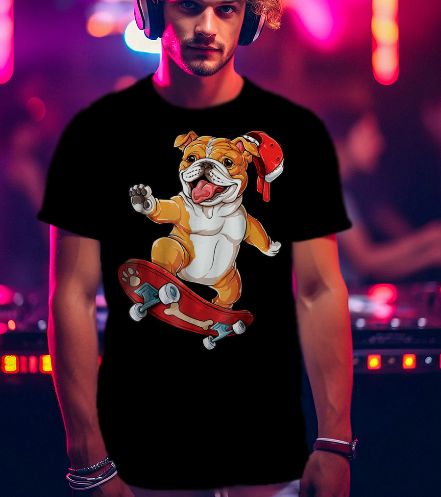 English Bulldog With Red Cap Skating On Bone Deck Skateboard T-Shirt