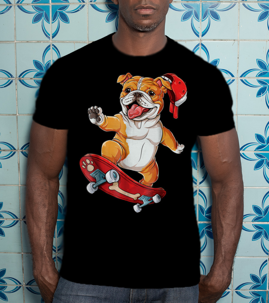 English Bulldog With Red Cap Skating On Bone Deck Skateboard T-Shirt