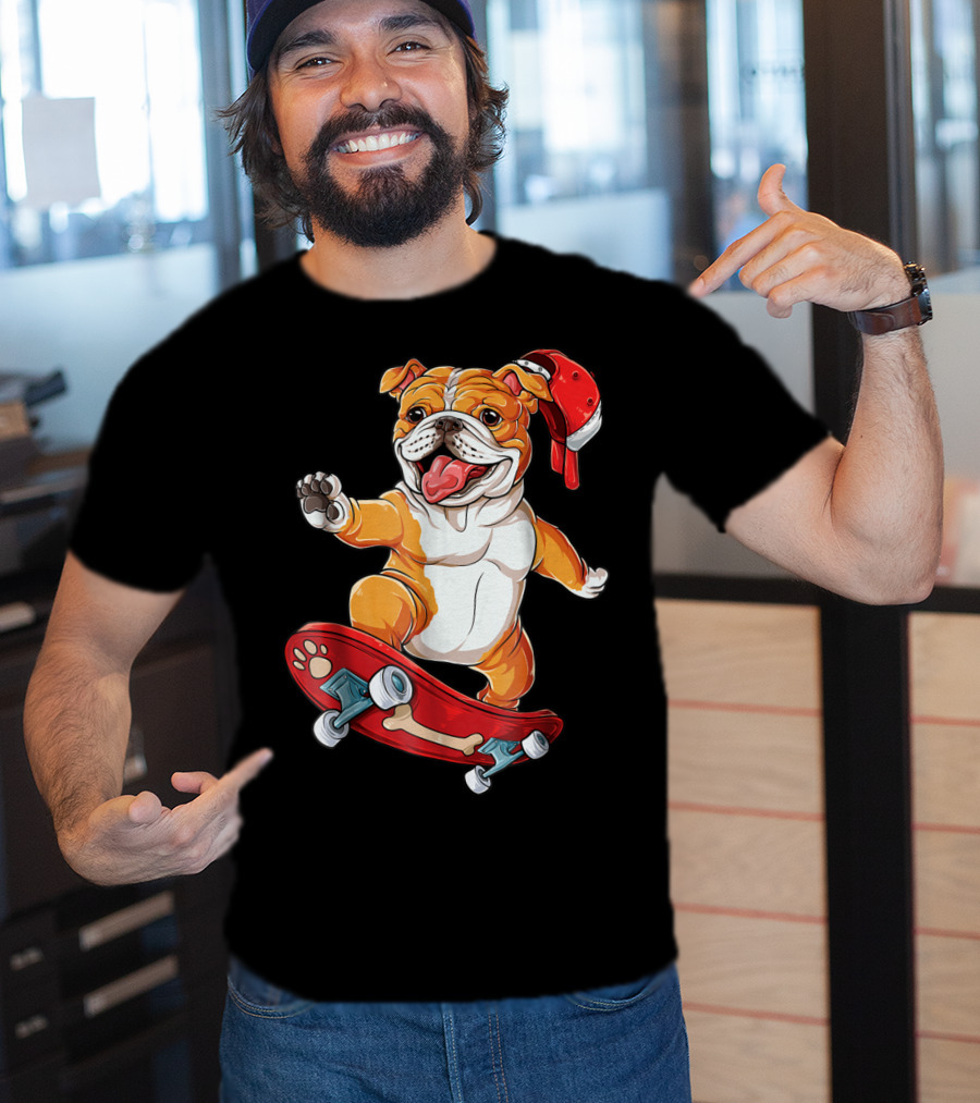 English Bulldog With Red Cap Skating On Bone Deck Skateboard T-Shirt
