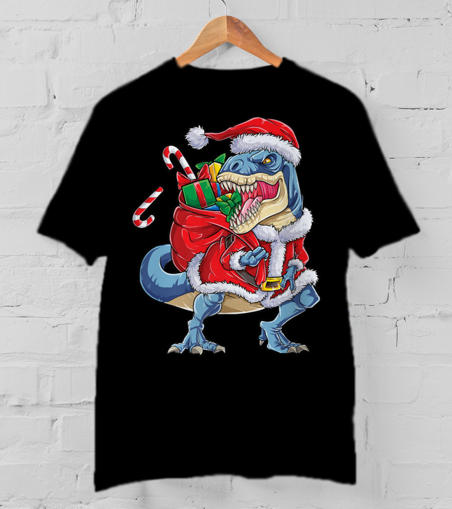 Dinosaur Christmas Boys Santa Rex With Candy Canes And Gifts T-Shirt