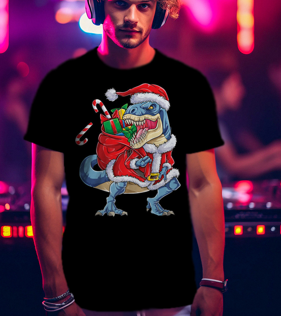Dinosaur Christmas Boys Santa Rex With Candy Canes And Gifts T-Shirt