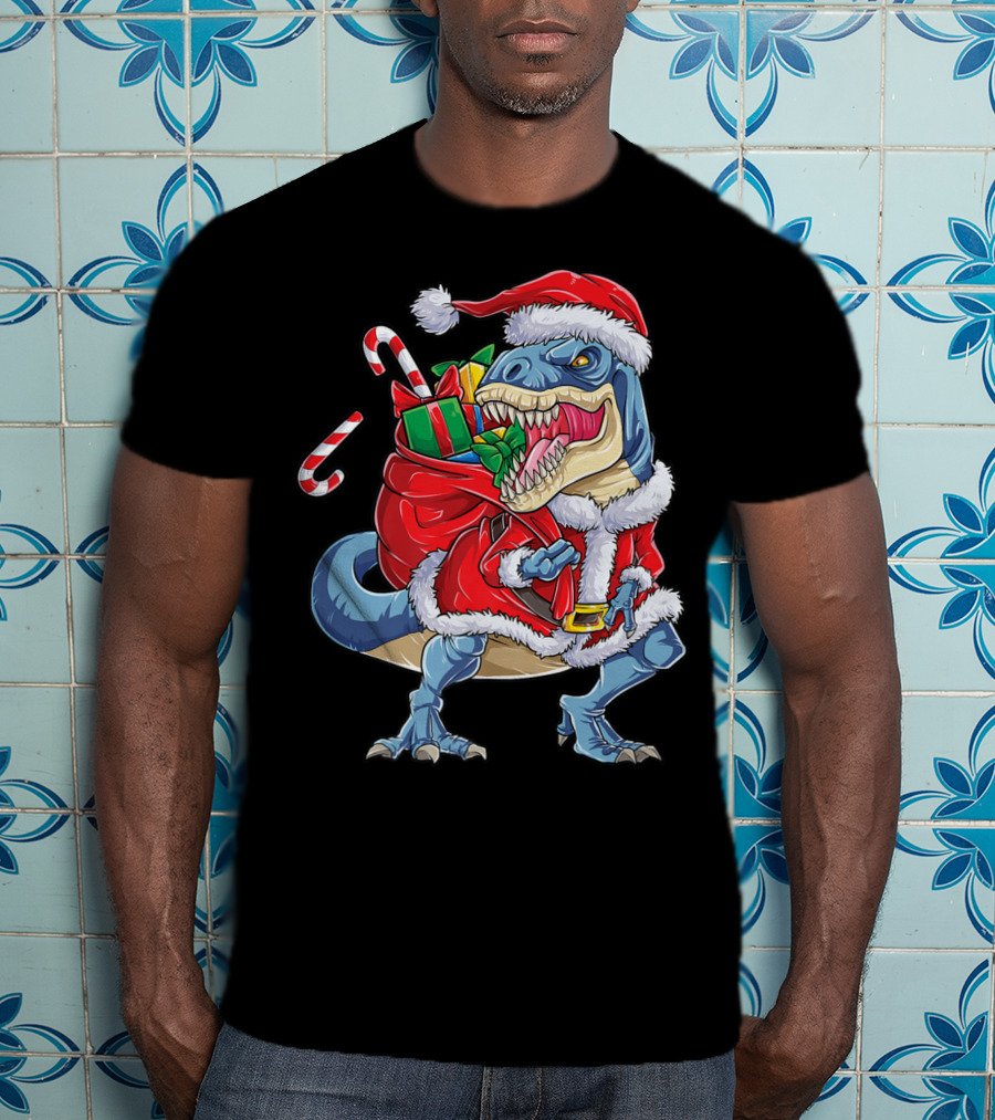 Dinosaur Christmas Boys Santa Rex With Candy Canes And Gifts T-Shirt