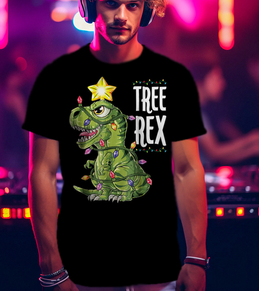Tree Rex Dinosaur Wrapped In Christmas Lights With Star T-Shirt