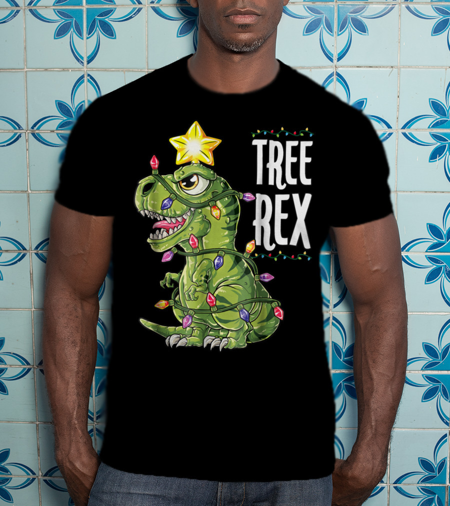 Tree Rex Dinosaur Wrapped In Christmas Lights With Star T-Shirt