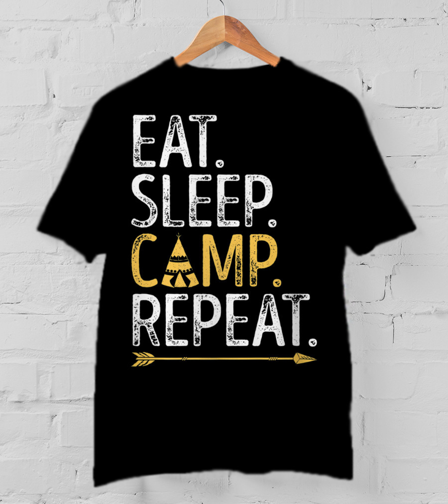 Eat Sleep Camp Repeat Camping Camper Tent Arrow T-Shirt