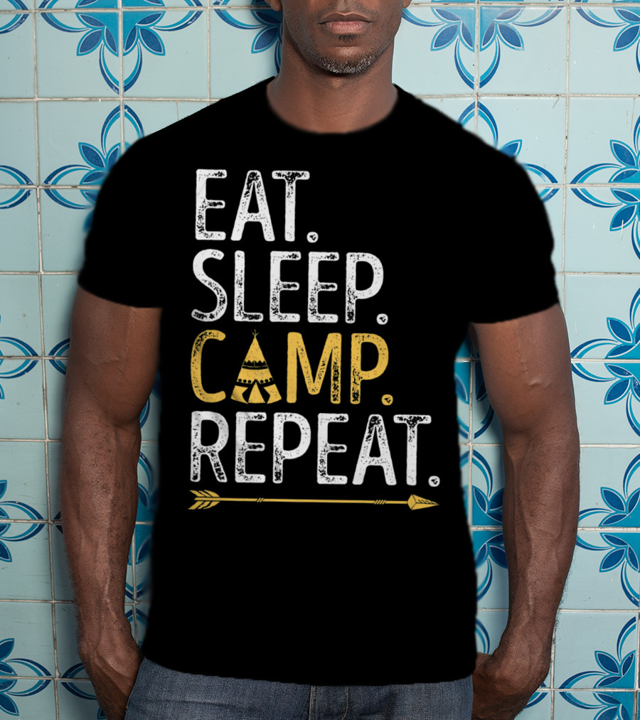 Eat Sleep Camp Repeat Camping Camper Tent Arrow T-Shirt