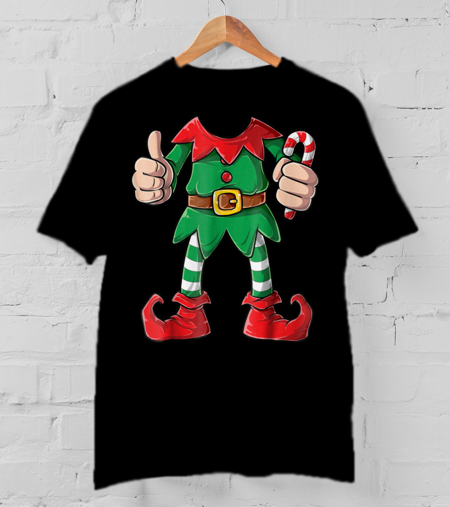 Elf Christmas Costume Holiday Outfit With Candy Cane And Thumbs Up For Girls Boys T-Shirt